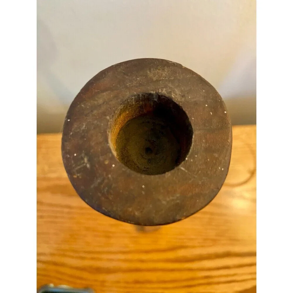 Mid Century Modern Wood Candlestick Holder Danish Pillar Round Dark Scandinavian